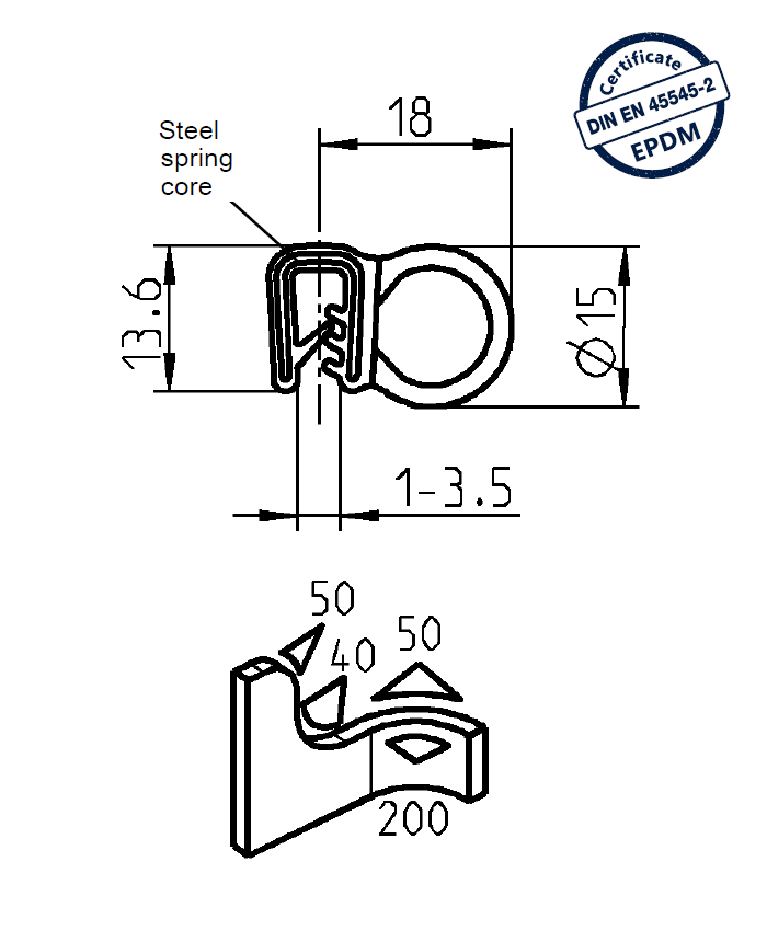 Edge profile w/side bulb, black EPDM, clamping width = 1 - 3,5 mm