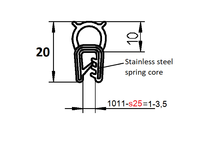 Edge profile w/top bulb, black EPDM, clamping width = 1 - 3,5mm