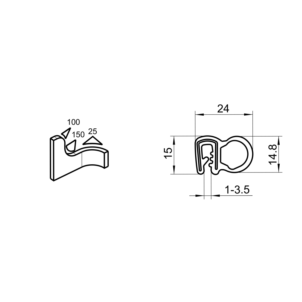 Edge profile w/side bulb, blue black silicone, clamping width = 1 - 3,5mm