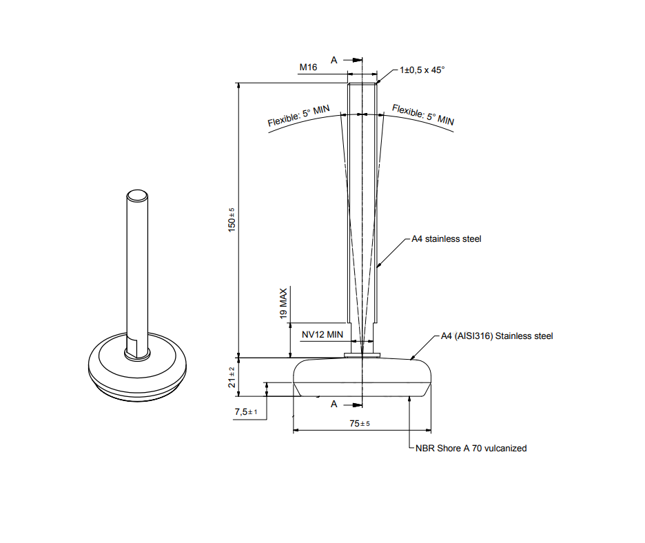 Levelling foot, acid proof stainless steel, fixed threaded spindle, M16x131, base diameter = 75 mm