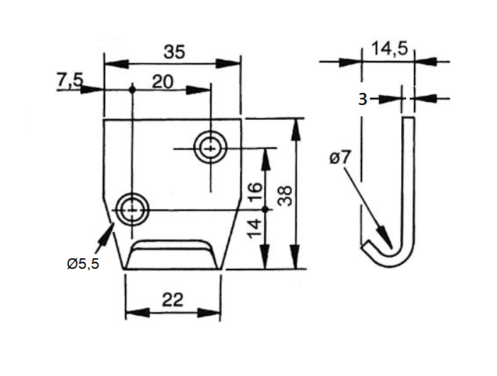 Catch plate, electro zinc plated steel, flat mounting, L=38mm, B=35mm, H=14,5mm