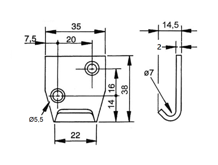 Catch plate, ubehandlet stainless steel, flat mounting, L=38mm, B=35mm, H=14,5mm