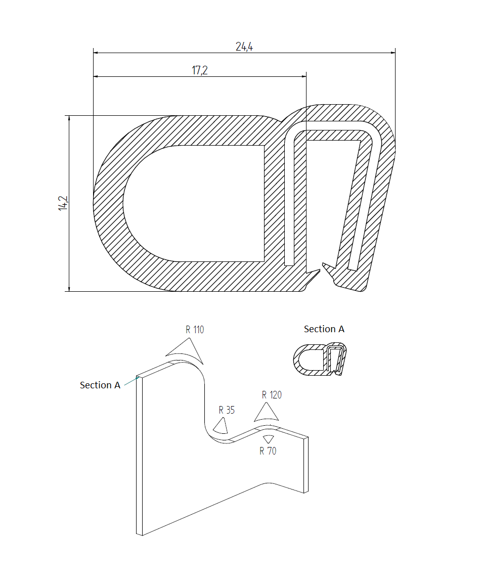 Edge profile w/side bulb, black Silicone, clamping width = 3 - 4,5 mm