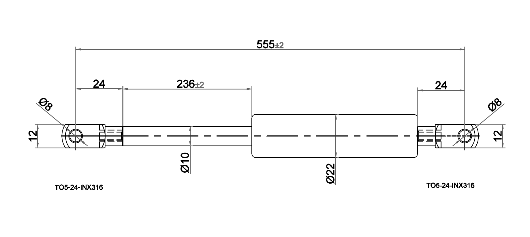 Gas spring, acid proof stainless steel,  thread, stroke length = 236 mm, Force = 785 N