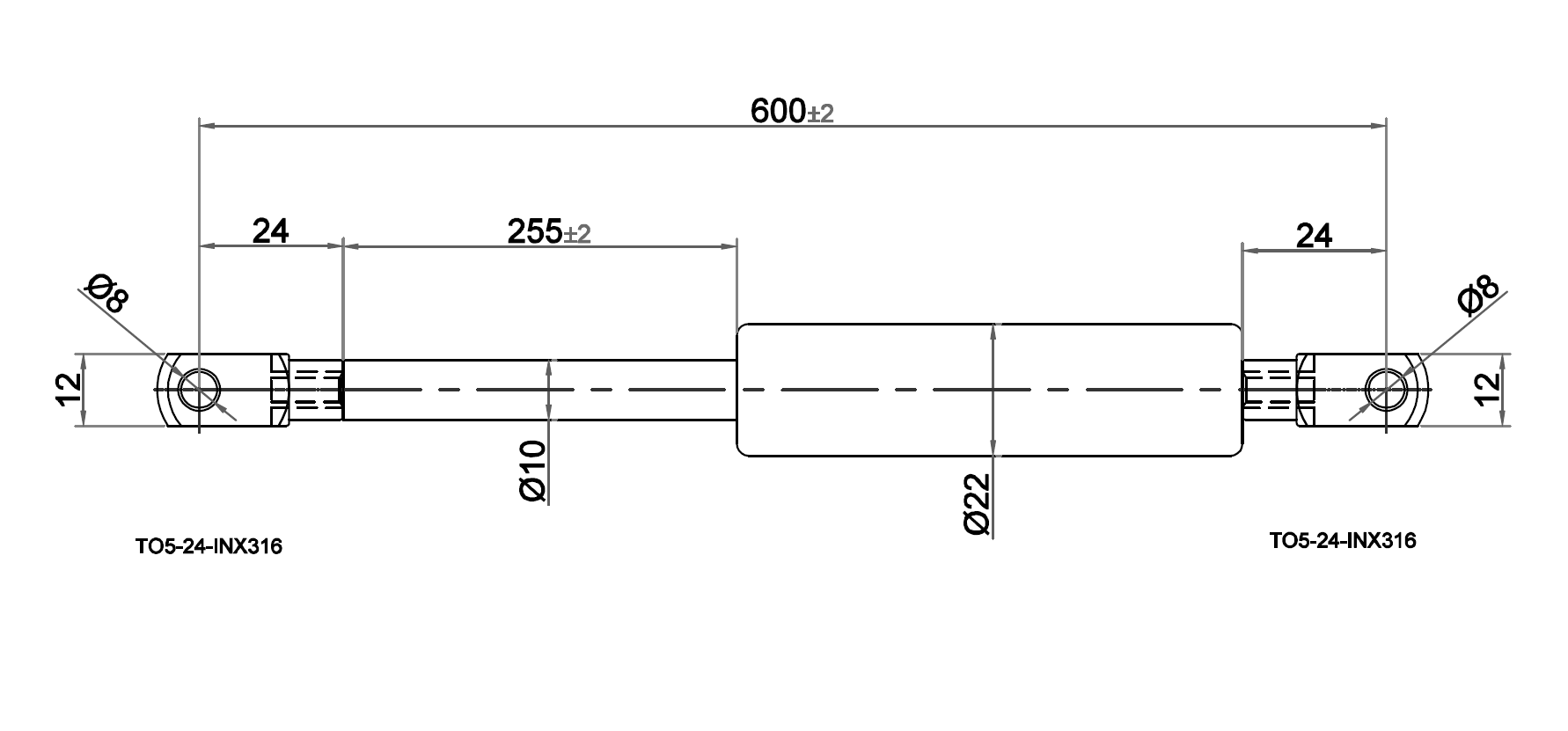 Gas spring, acid proof stainless steel,  thread, stroke length = 255 mm, Force = 735 N