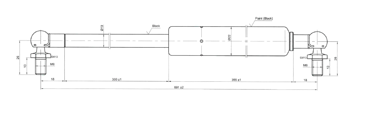 Gas spring, steel, M8 thread, stroke length = 300 mm, force = 400 N