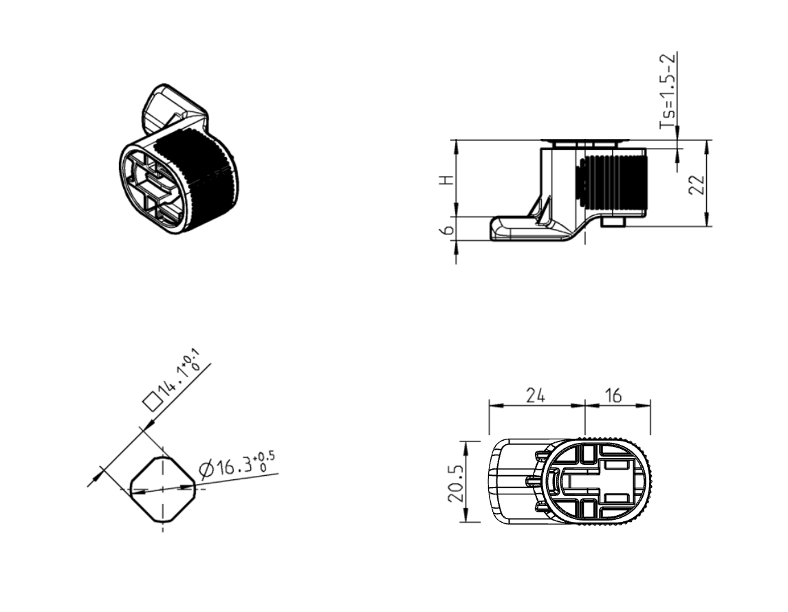Housings with integrated cam for quick mounting, glass fiber reinforced polyamide, series 1022, Hole distance=19,5mm, plate thickness=1,5-2mm, class IP69K