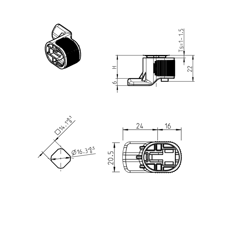 Housings with integrated cam for quick mounting, glass fiber reinforced polyamide, series 1022, H-measure=19,5mm, plate thickness=1-1,5mm, class IP69K