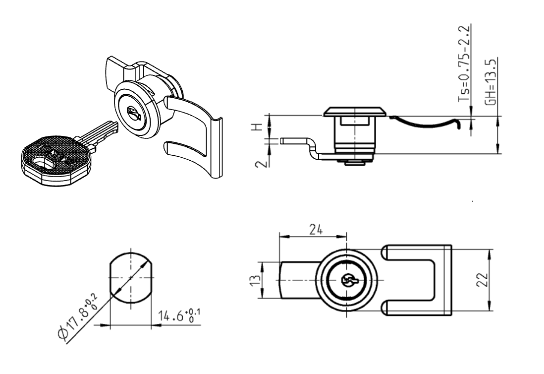 Cam locks, D=22mm, L=24mm, GH=13,5mm, die-cast zinc, plate thickness=0,75-2,2 mm