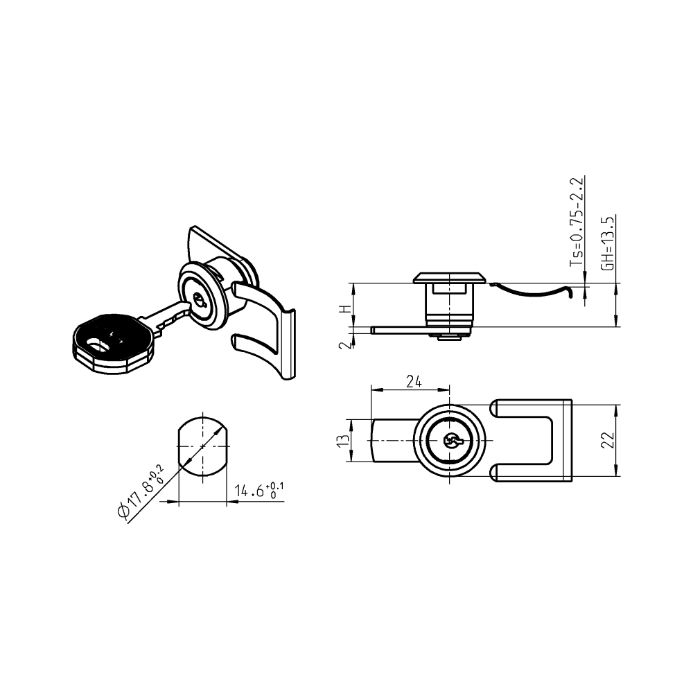 Cam locks, D=22mm, L=24mm, GH=13,5mm, die-cast zinc, plate thickness=0,75-2,2 mm
