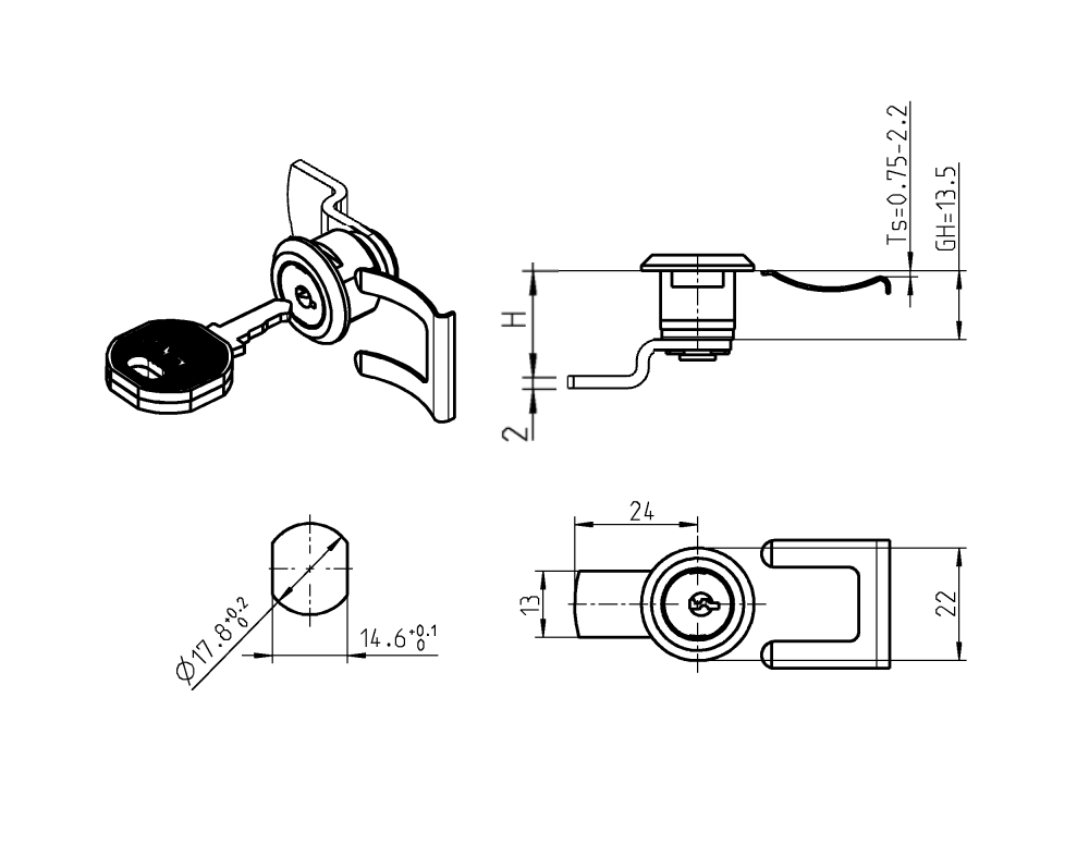 Cam lock, D=22mm, L=24mm, GH=13,5mm, die-cast zinc, plate thickness=0,75-2,2 mm