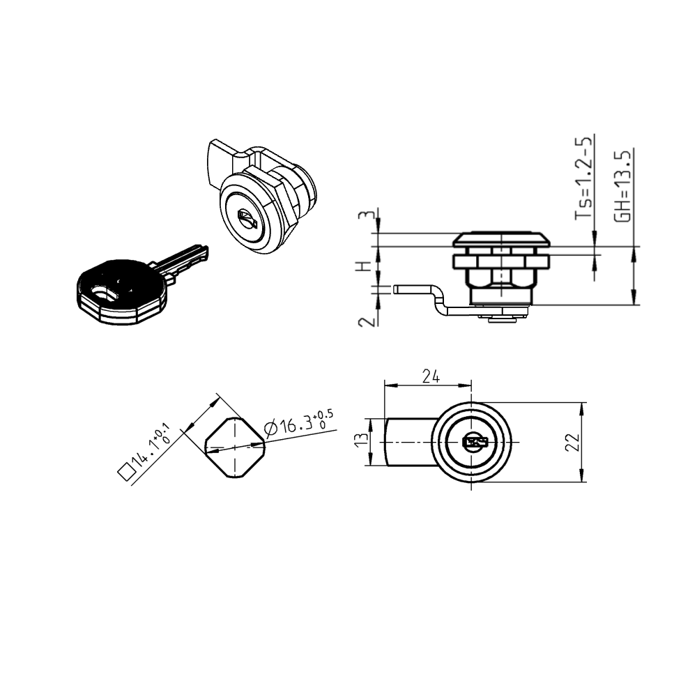 Cam lock, D=22mm, L=24mm, GH=13,5mm, die-cast zinc, plate thickness=1,2-5 mm