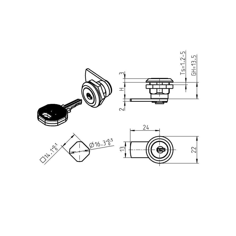 Cam lock, D=22mm, L=24mm, GH=13,5mm, die-cast zinc, plate thickness=1,2-5 mm