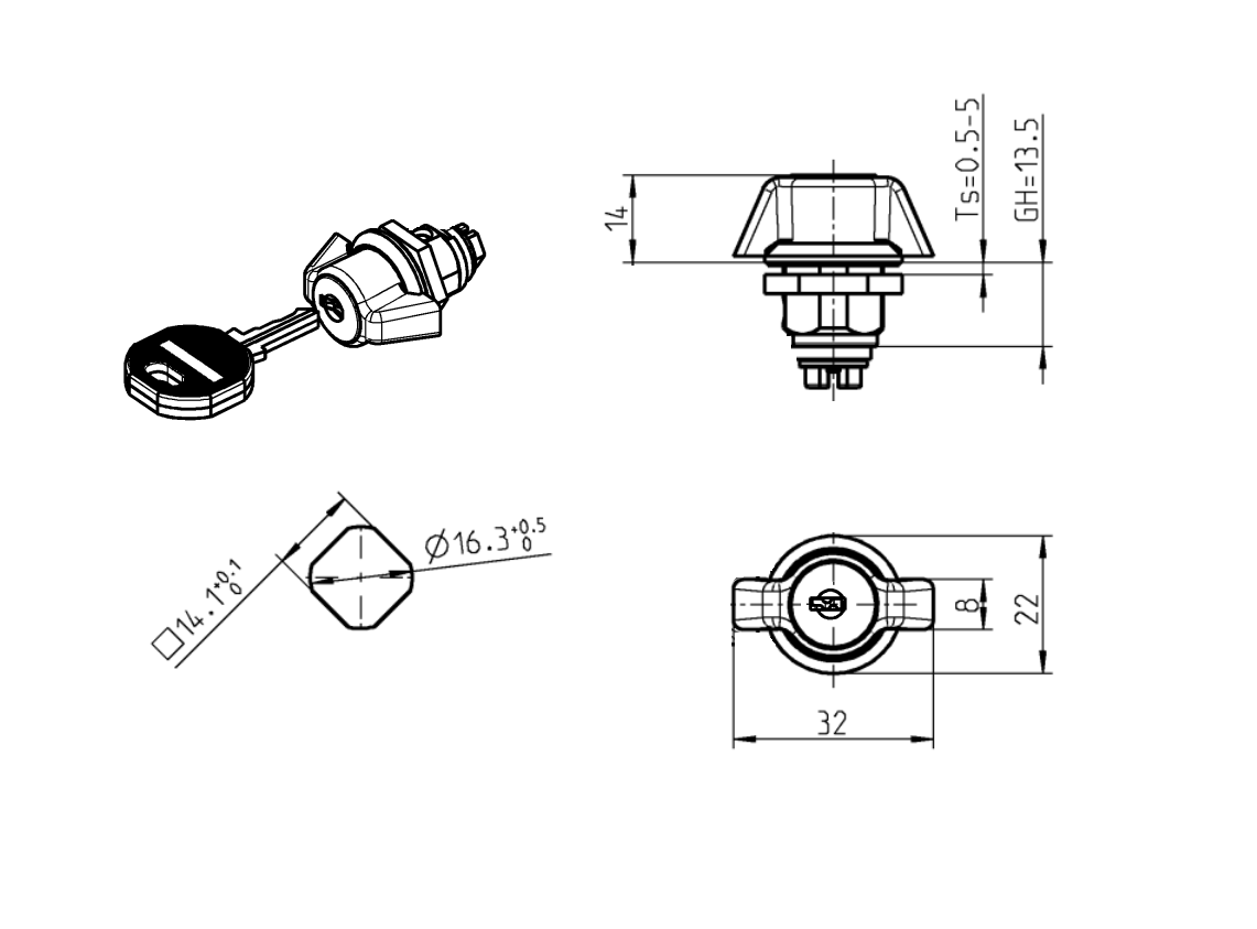 Housing with wing handle, keyed alike ek2233x, die-cast zinc, L=32mm, GH=13,5mm, plate thickness=0,5-5mm