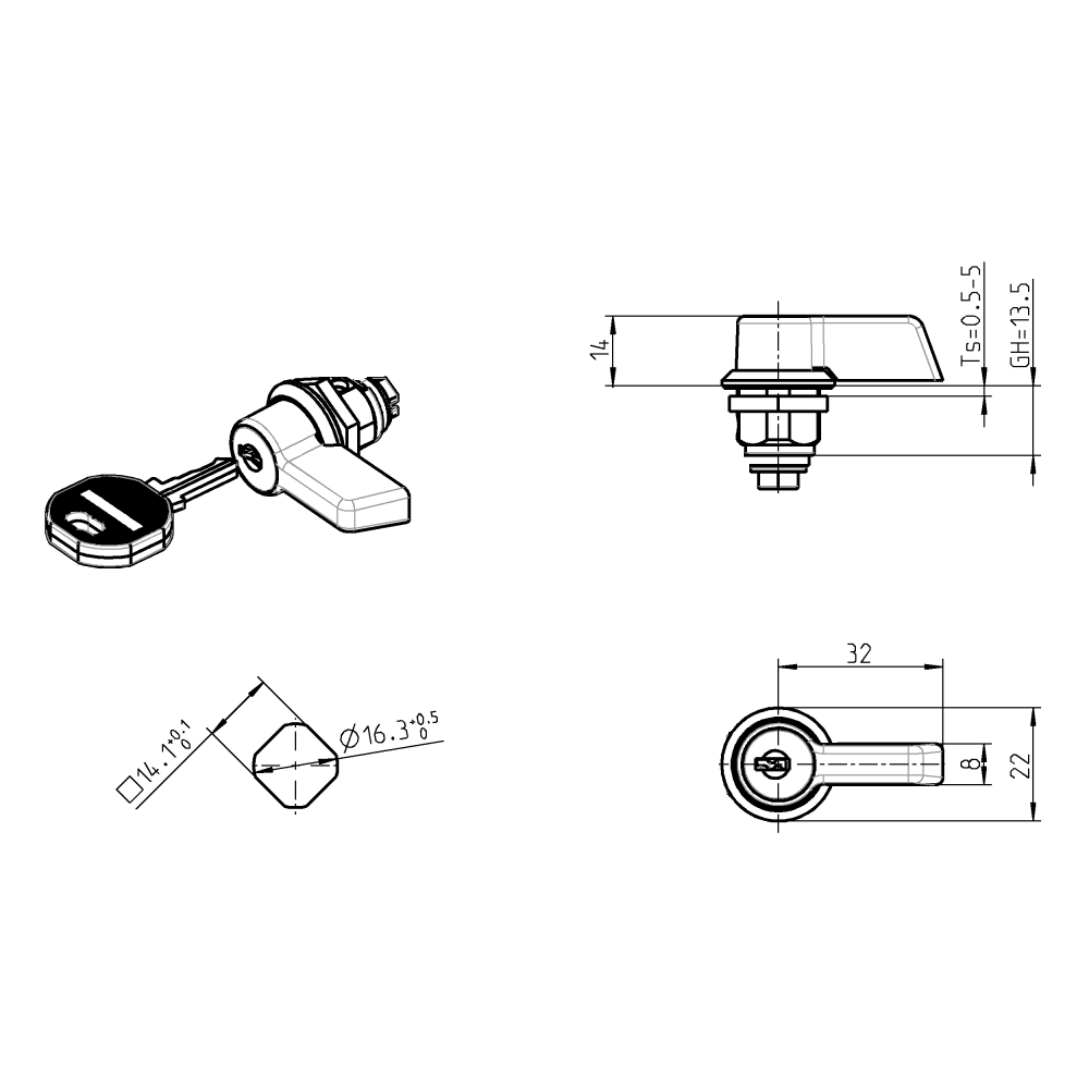 Housing with wing handle, keyed alike ek2233x, die-cast zinc, L=32mm, GH=13,5mm, plate thickness=0,5-5mm