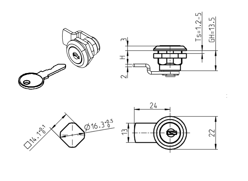 Cam locks, D=22mm, L=24mm, GH=13,5mm, glass fiber reinforced polyamide, plate thickness=1,2-5 mm