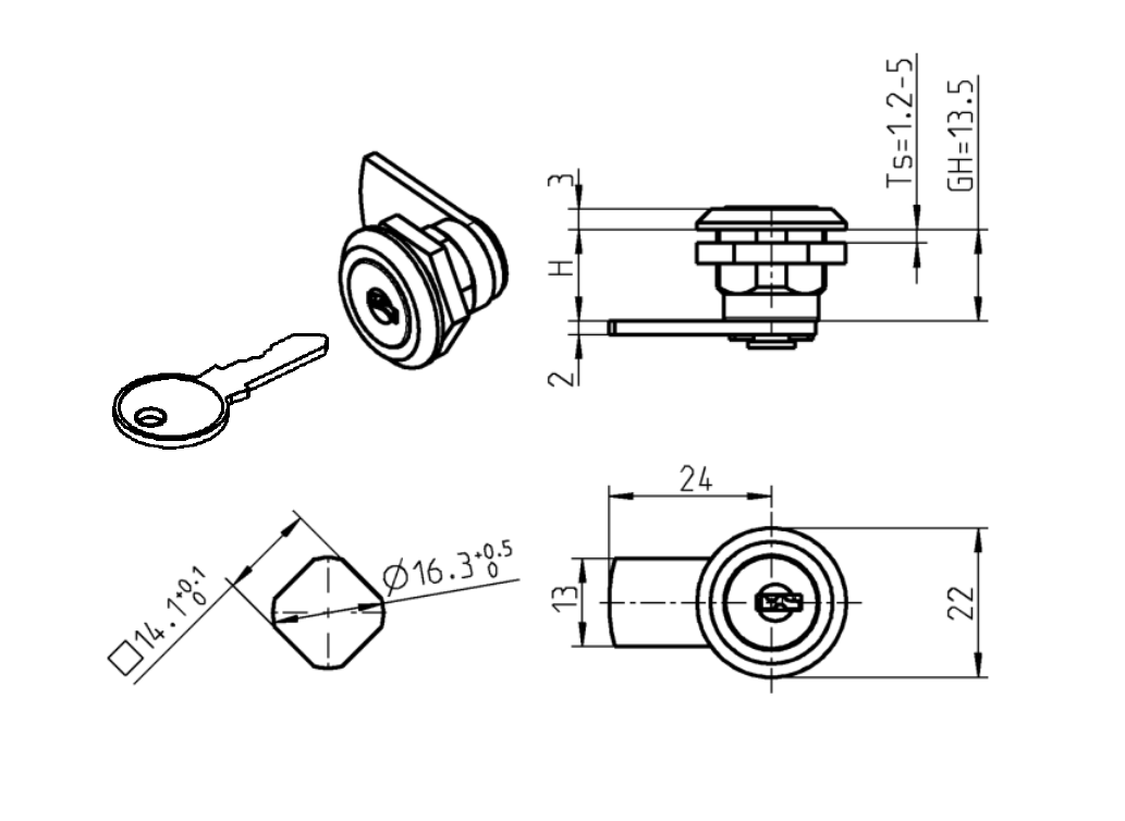 Cam locks, D=22mm, L=24mm, GH=13,5mm, glass fiber reinforced polyamide, plate thickness=1,2-5 mm