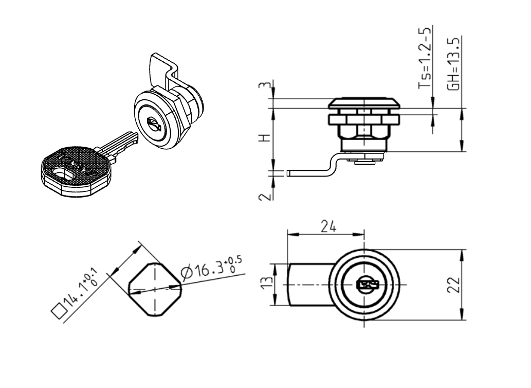 Cam lock, D=22mm, L=24mm, GH=13,5mm, glass fiber reinforced polyamide, plate thickness=1,2-5 mm