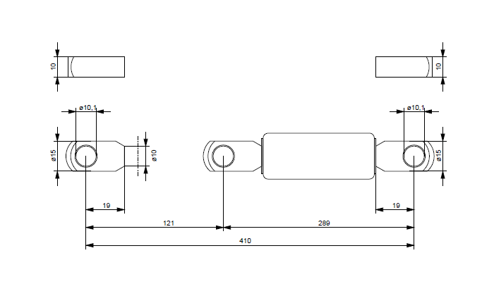 Gas spring, steel, M8 thread, stroke length = 121 mm, force = 600 N