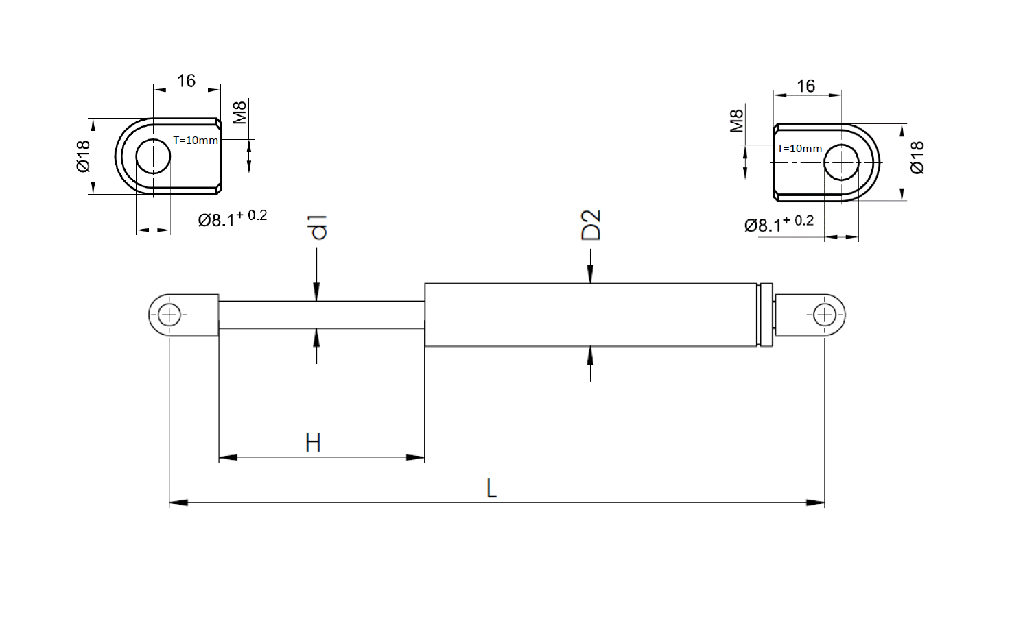 Gas spring, stainless steel, M8 thread, stroke length = 200 mm, force = 900 N