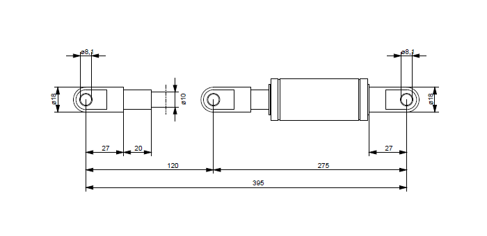Tension Gas Springs, stainless steel, M10 thread, stroke length = 120 mm, force = 300 N