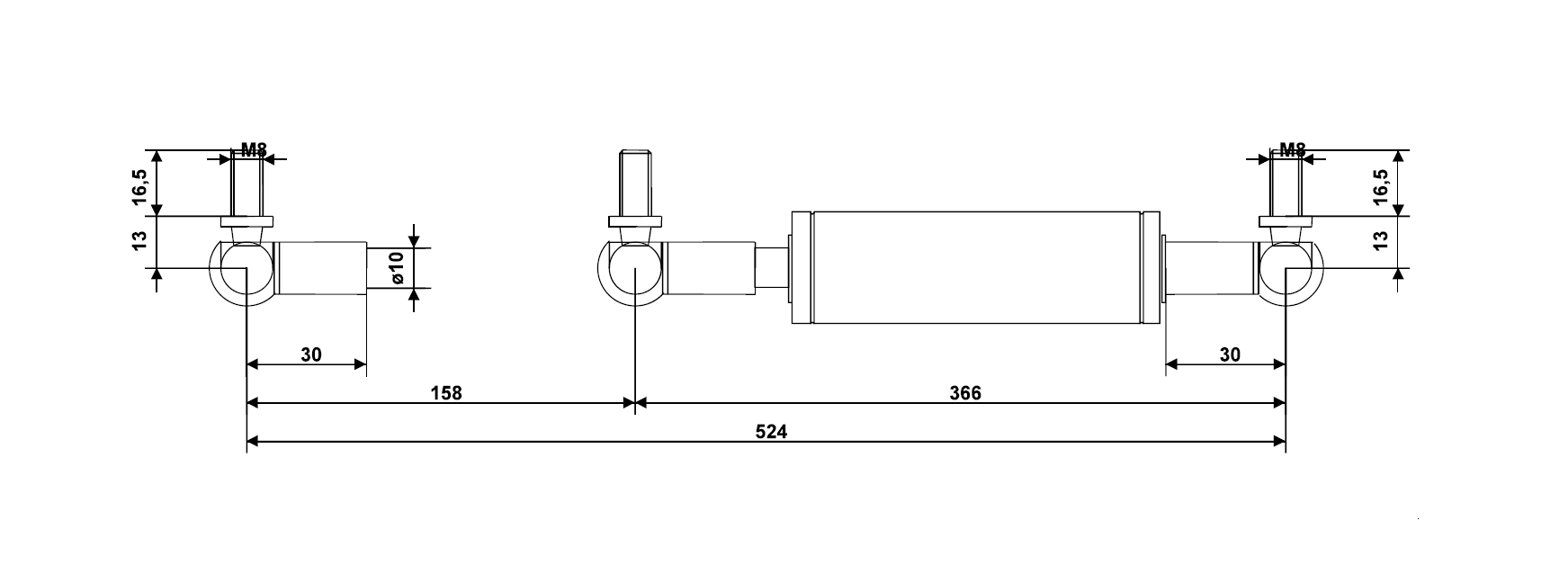 Damper, stainless steel, M8, cylinder diameter = 28 mm, force = 0 N, mounting length = 524 mm