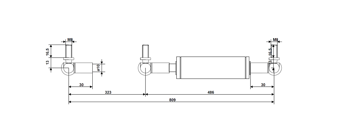 Damper, steel, M8, cylinder diameter = 28 mm, force = 0 N, stroke length = 323 mm