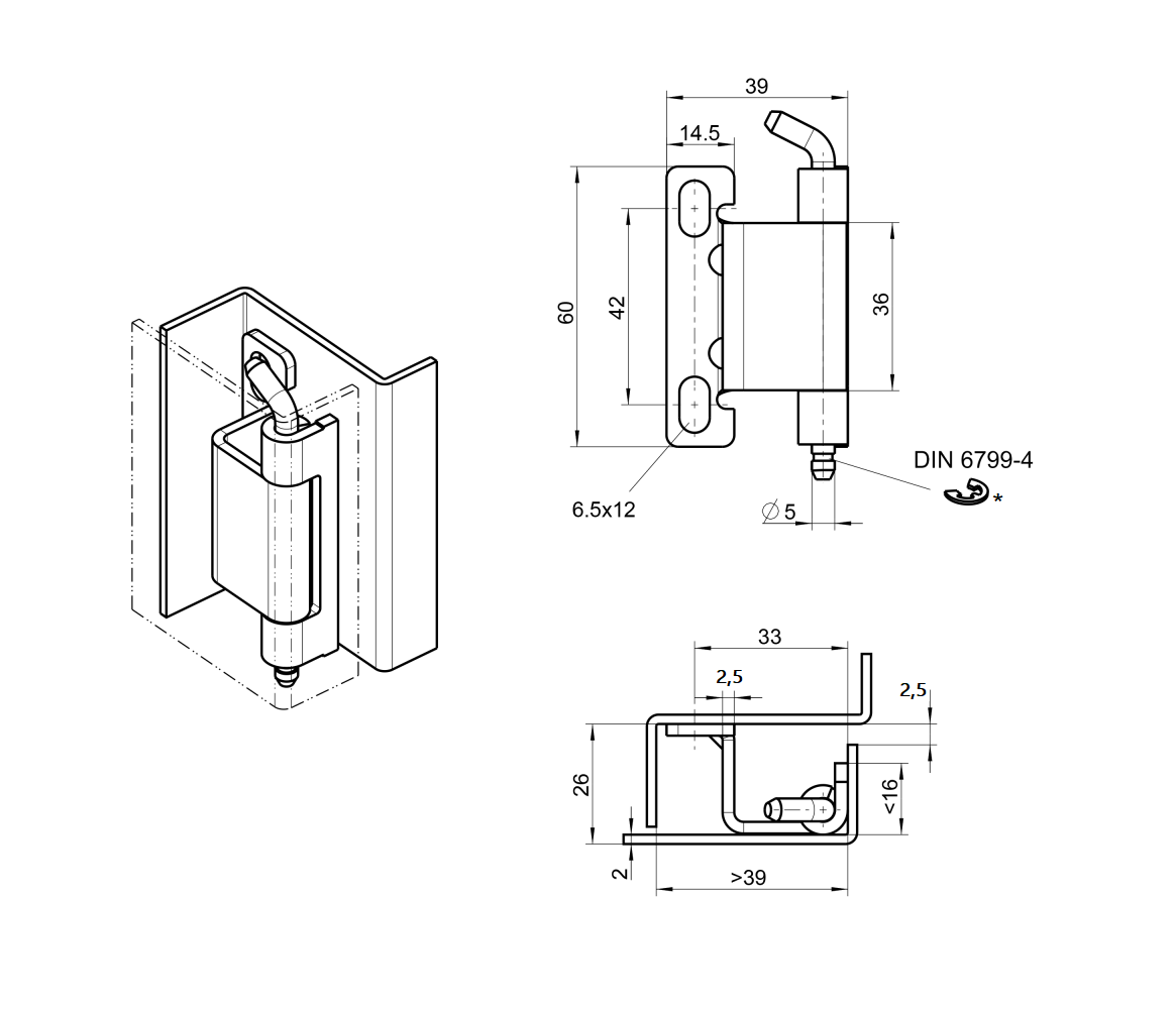 Cabinet hinge, steel, flush door - concealed, loose pin, L=60, B=39, H=26