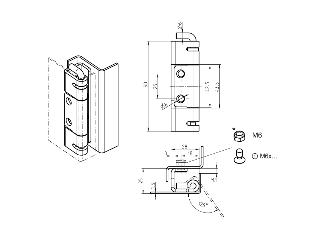 Cabinet hinge, steel, flush door - concealed, loose pin, L=90, B=28, H=25