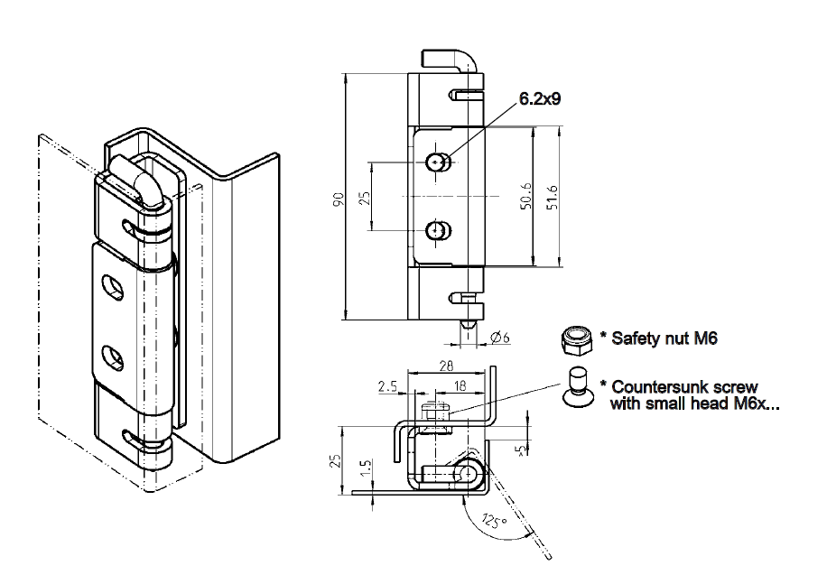 Cabinet Hinge, stainless steel, flush door - concealed, loose pin, L=90, B=28, H=25
