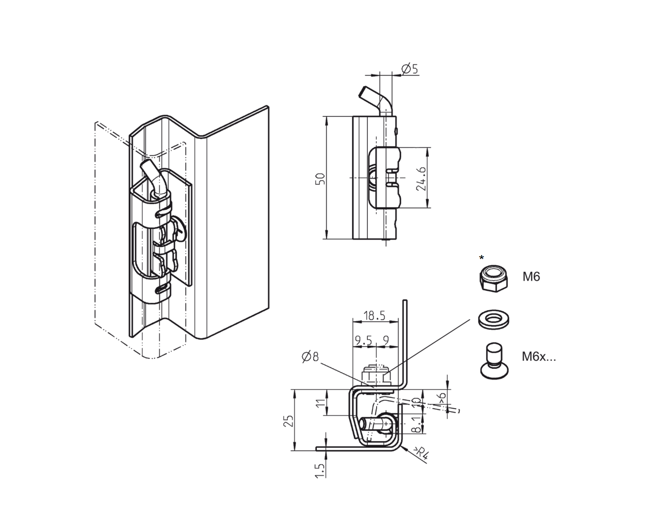 Cabinet hinge, steel, flush door - concealed, loose pin, L=50, B=18,5, H=25