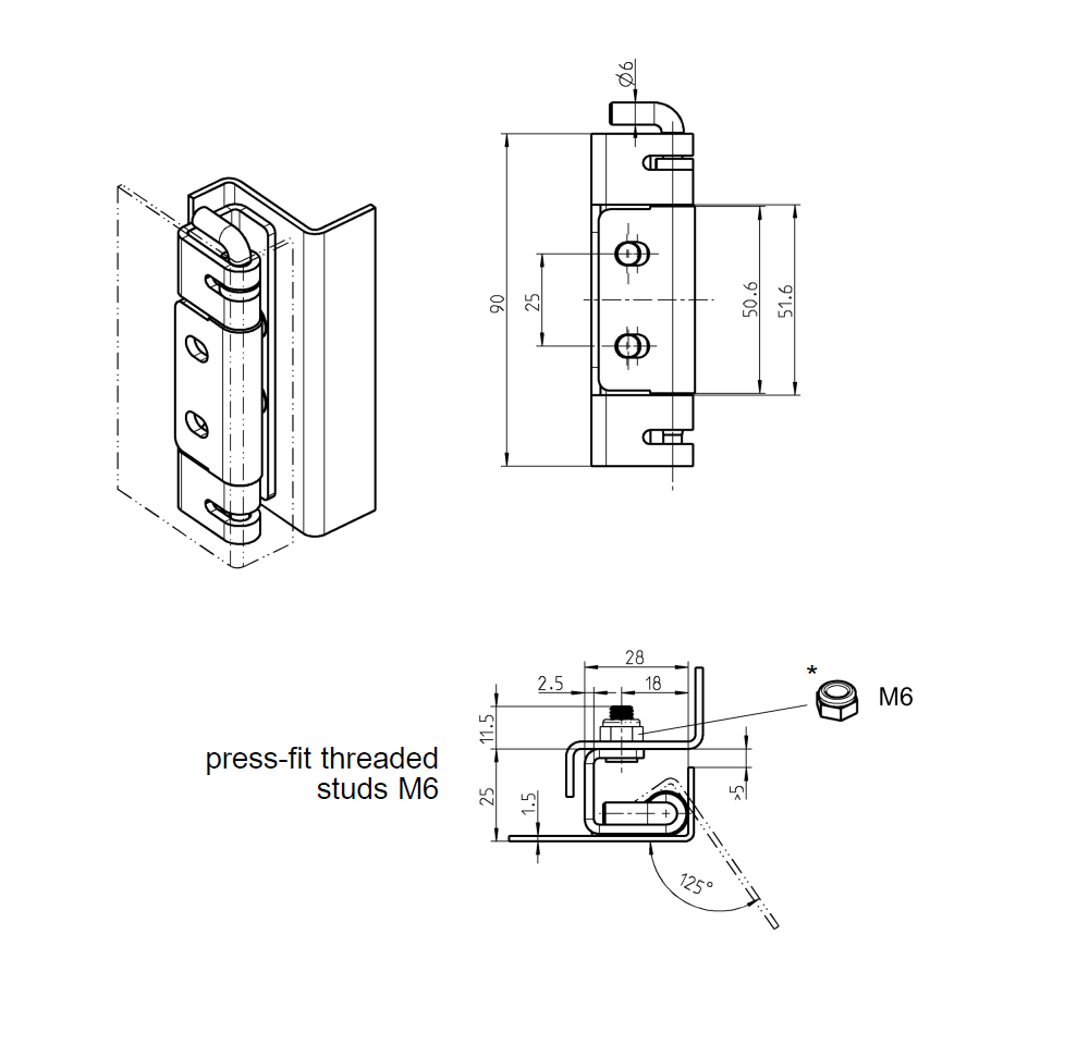 Cabinet hinge, stainless steel, flush door - concealed, loose pin, L=90, B=28, H=25