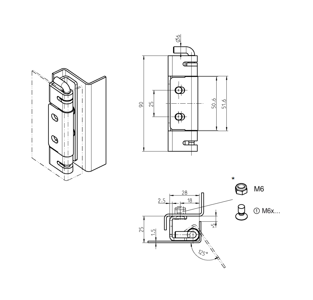 Cabinet hinge, acid proof steel, flush door - concealed, loose pin, L=90, B=28, H=25