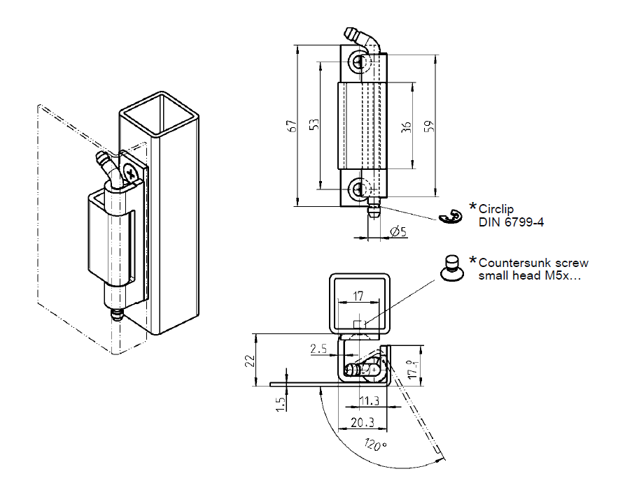 Cabinet Hinge, steel, flush door - concealed, loose pin, L=67, B=20,3, H=22