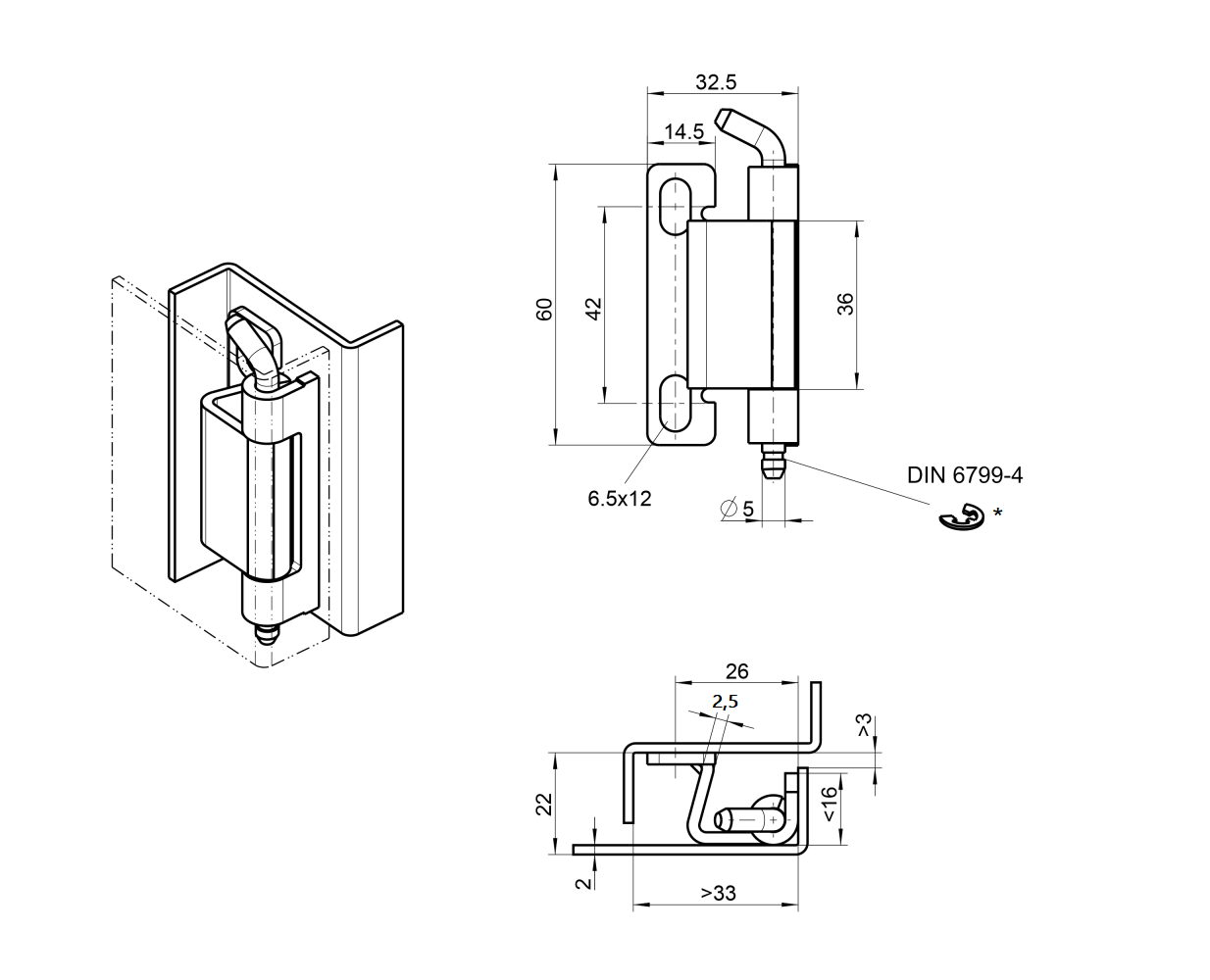 Cabinet hinge, steel, flush door - concealed, loose pin, L=60, B=32,5, H=22