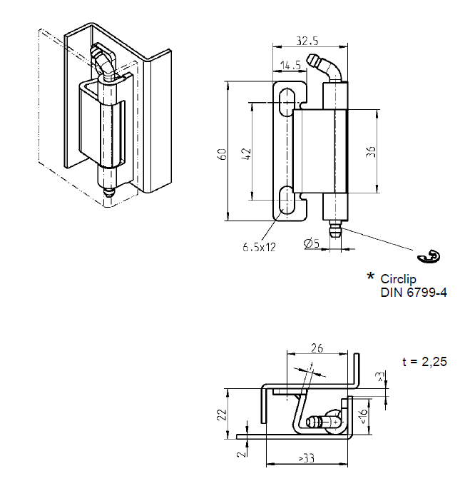 Cabinet Hinge, stainless steel, flush door - concealed, loose pin, L=60, B=32,5, H=22