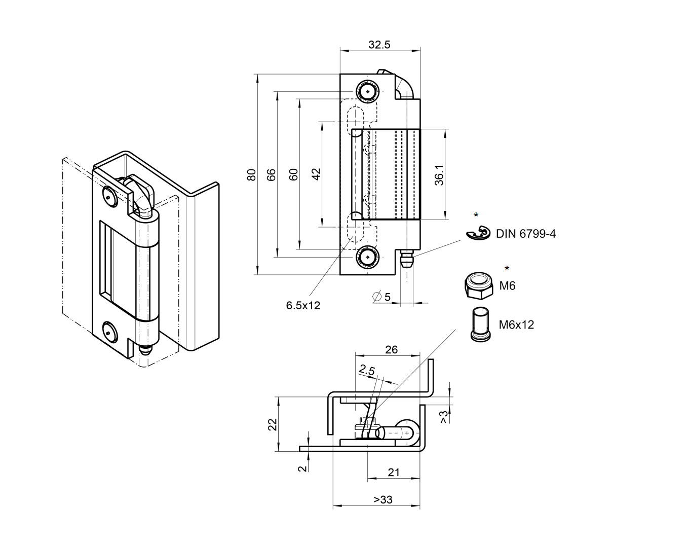 Cabinet hinge, steel, flush door - concealed, loose pin, L=80, B=32,5, H=22