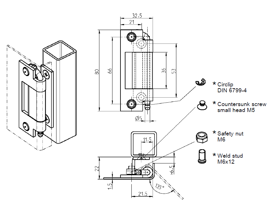 Cabinet Hinge, steel, flush door - concealed, loose pin, L=80, B=32,5, H=22