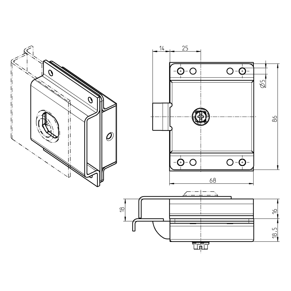 Mounting plate for slam lock, steel, screw mounting, length=86, width=68, height=18