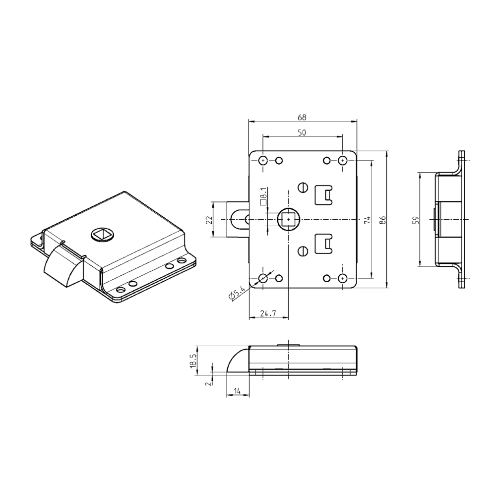 Slam lock, steel, screw mounting, length=86, width=82, height=18,5