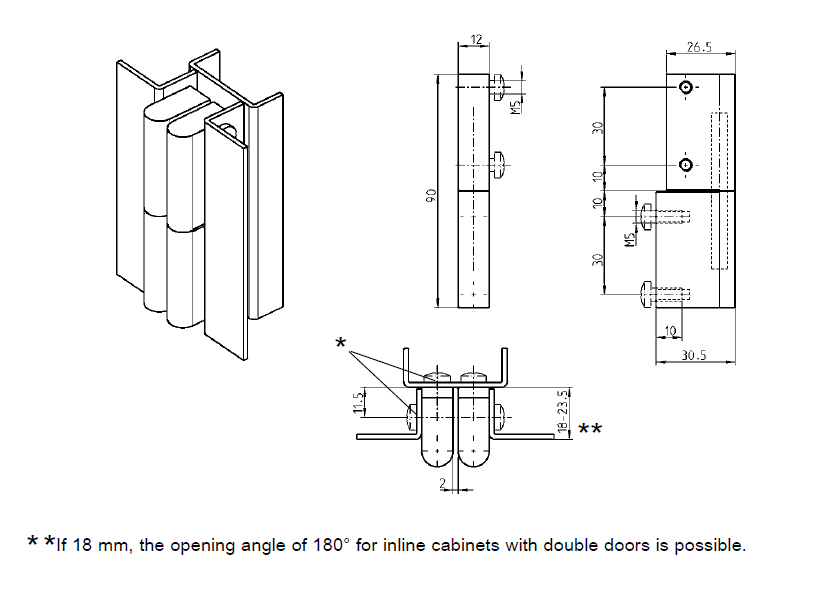 Cabinet Hinge, die-cast zinc, flush door - visible, lift off pin, L=90, B=30,5, H=12
