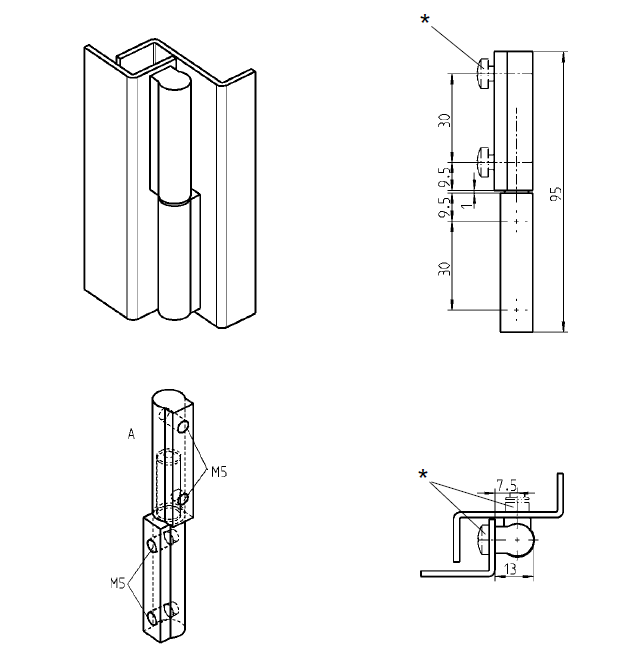 Cabinet Hinge, steel, flush door - visible, lift off pin, L=95, B=13, H=13