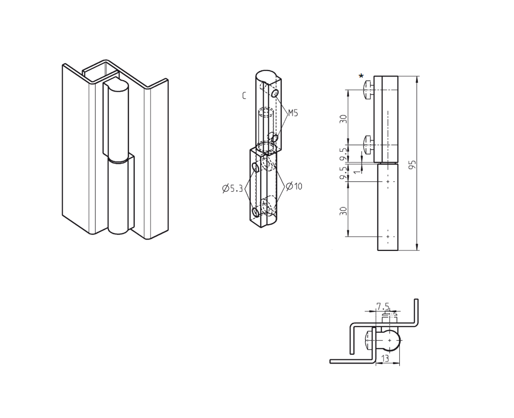 Cabinet hinge, steel, flush door - visible, lift off pin, L=95, B=13, H=13