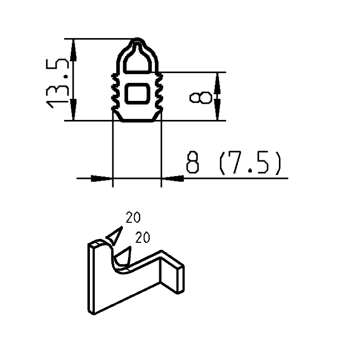 Rubber profile, top bulb, black epdm, clamping channel width=7,5, H=13,5, B=8