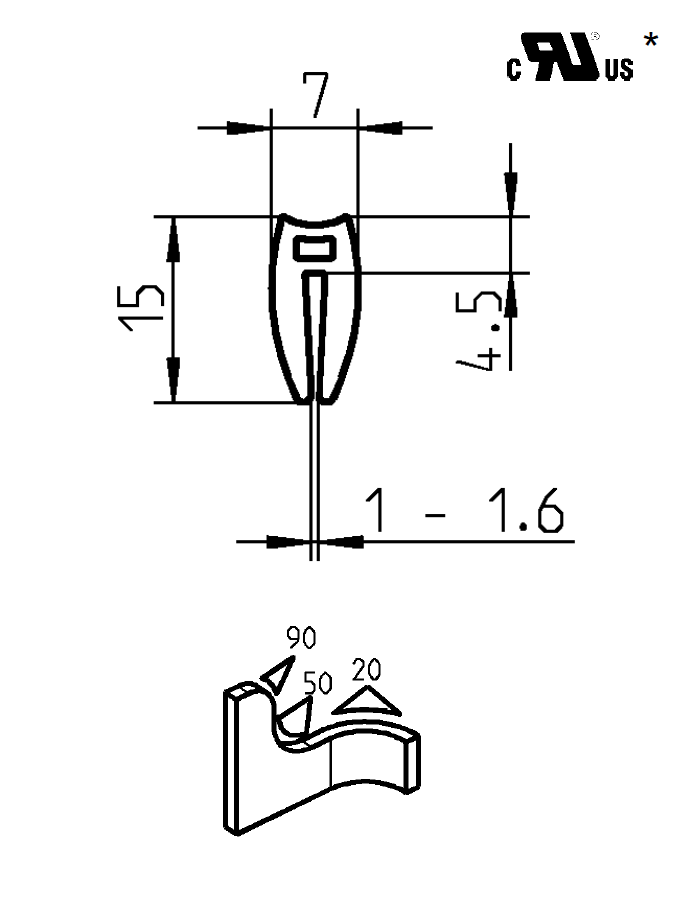 Edge profile w/top bulb, black EPDM, clamping width = 1 - 1,6 mm