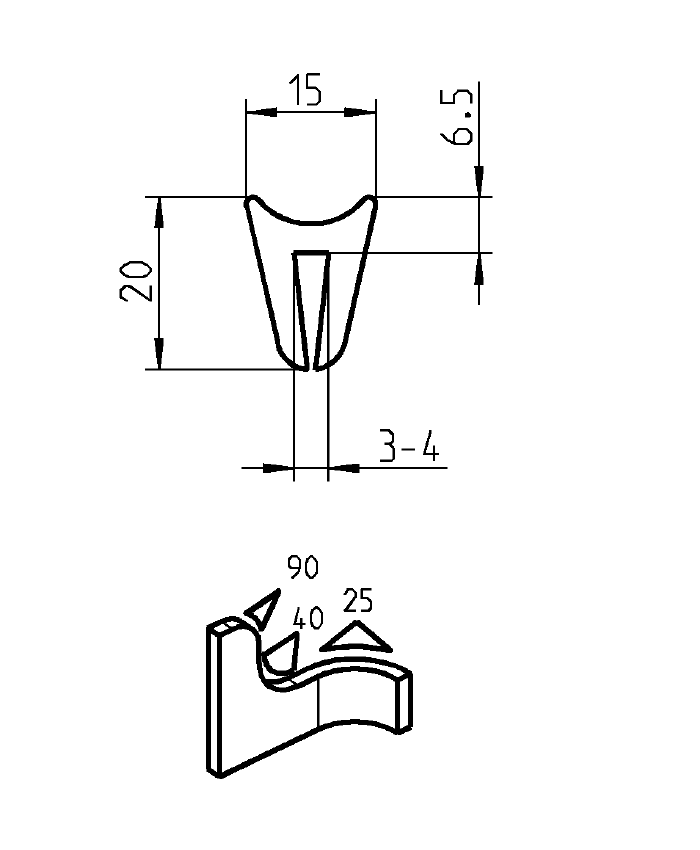 Edge profile w/top bulb, black EPDM, clamping width = 3 - 4 mm