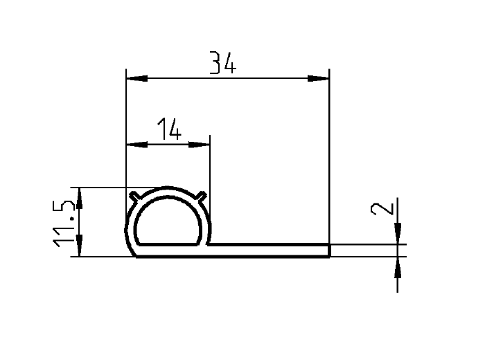 Expanded rubber without glue, p-profile, black epdm, W=14, H=11,5