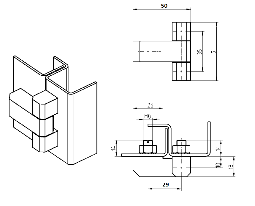 Cabinet Hinge, steel, prominent door - visible, fixed pin, L=51, B=50, H=18