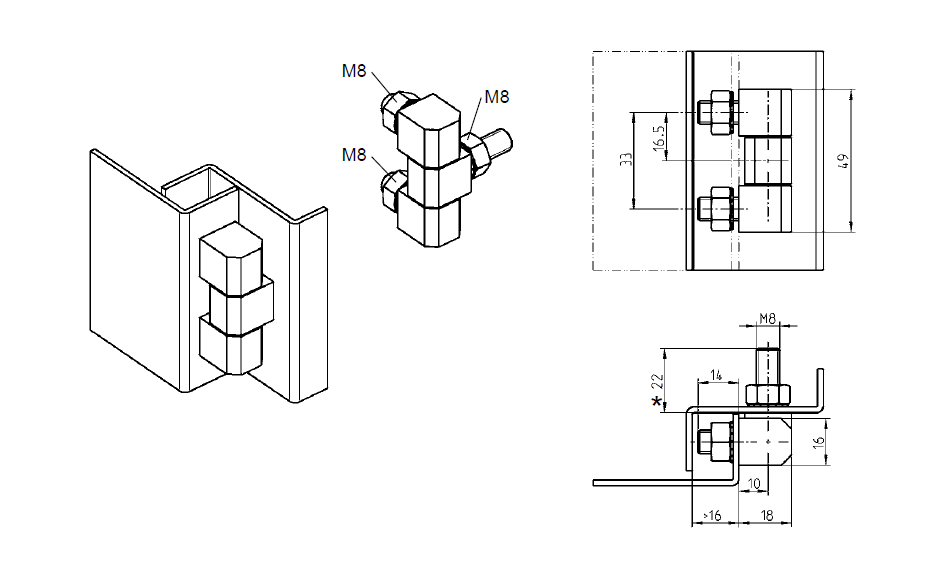 Cabinet Hinge, stainless steel, flush door - visible, fixed pin, L=49, B=18, H=16