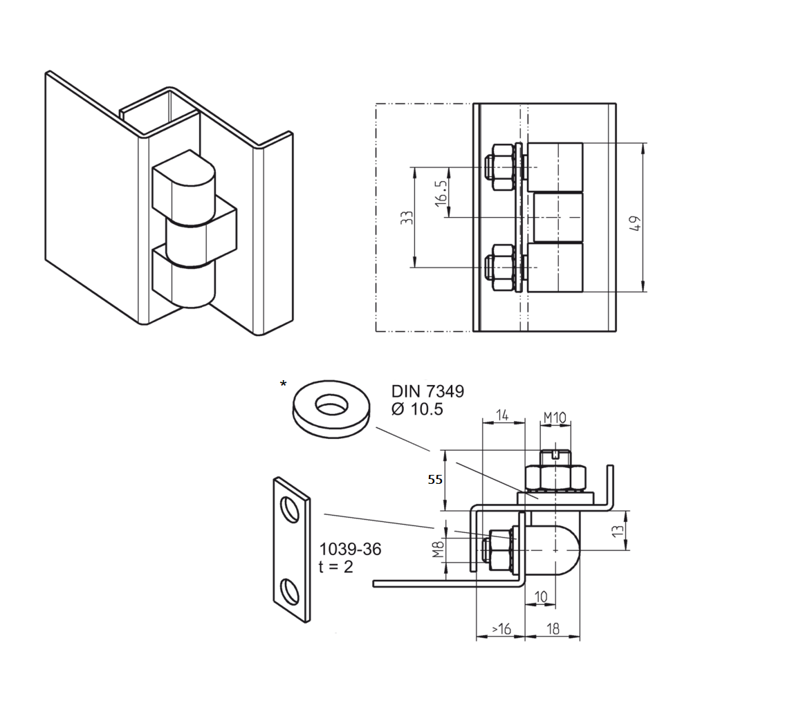 Cabinet hinge, steel, flush door - visible, fixed pin, L=49, B=16, H=18